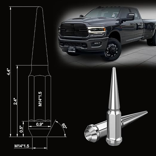 32PCS 9/16-18 Chrome Cone/Conical Bulge Seat Wheel Spike Lug Nuts with 1 Socket Key Compatible with Dodge 2005-2011 Dakota 2004-2009 Durango 2002-2013 Ram 1500 2500 3500 2006-2009 Chrysler Aspen