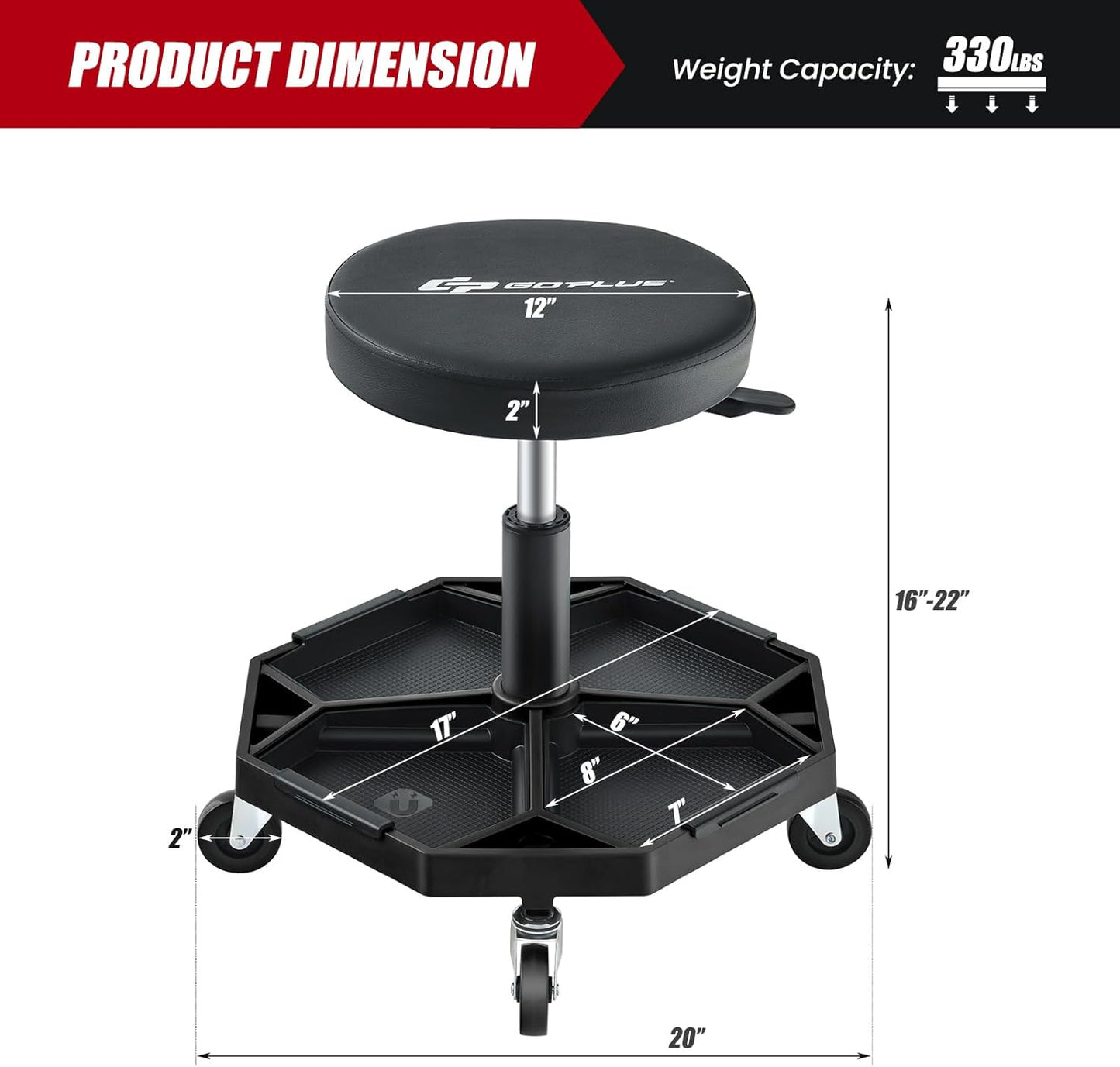 Goplus Mechanic Stool, Rolling Garage Chair with 16”-22” Adjustable Height, Removable Magnetic Tool Tray, 2” Thick Padded Cushion, Universal Wheels, 330LBS, Roller Creeper Seat (Black)