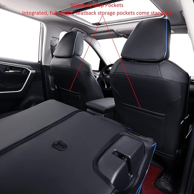 EKR Rav4 Seat Covers Custom Fit for Toyota Rav4 2021-2024 Prime SE,XSE & 2019-2025 Hybrid/PHEV SE,XSE, Leather Truck Seat Cover Full Set for SUV,Faux Leather(Black with Blue Piping)