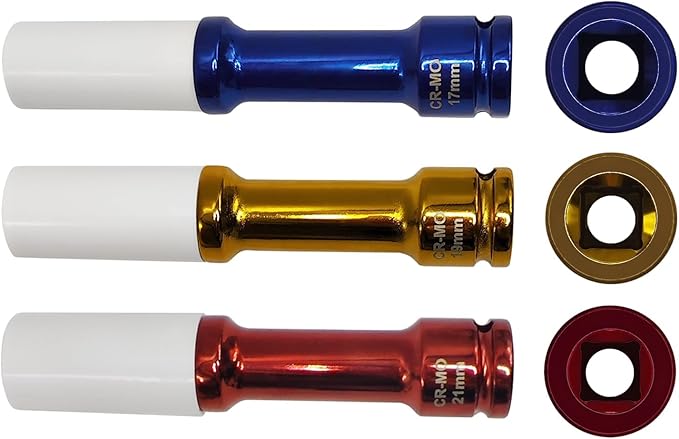 3Pcs Lug Nut Socket Set 1/2" Drive Impact Tools, Power Impact Lug Nut Socket, Non-marring & Extra-Long Thin Wall Wheel Protector Impact Deep Socket, Inch Sizes 17mm, 19mm, 21mm