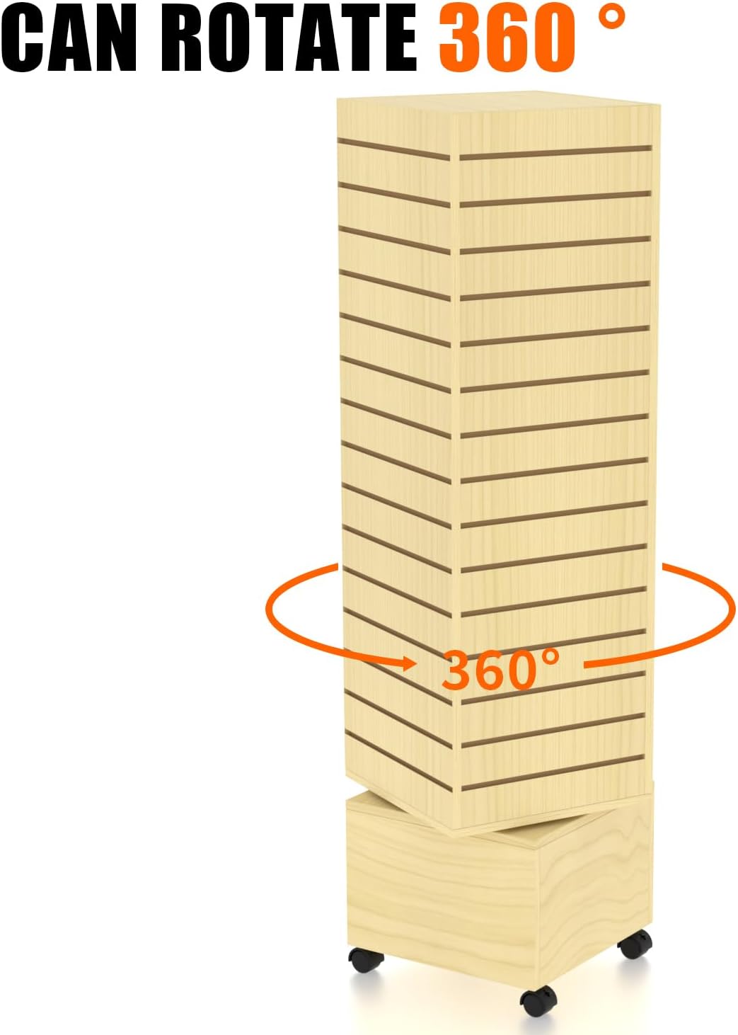 WISDOMFUR Rotating Slatwall Display Rack – 16"x16"x60" Maple Spinning Tower with Wheels – Retail Display Fixture for Accessories, Hooks & Shelves