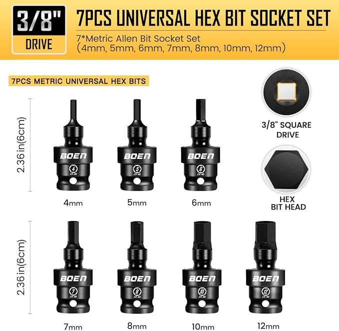 boen 3/8" Drive Universal Hex Bit Socket Set, 7-Piece Metric Impact Swivel Allen Bit Sockets, 360° Rotation Flexible Wobble Hex Bit Driver Socket Set, With Storage Rail, CR-MO Steel
