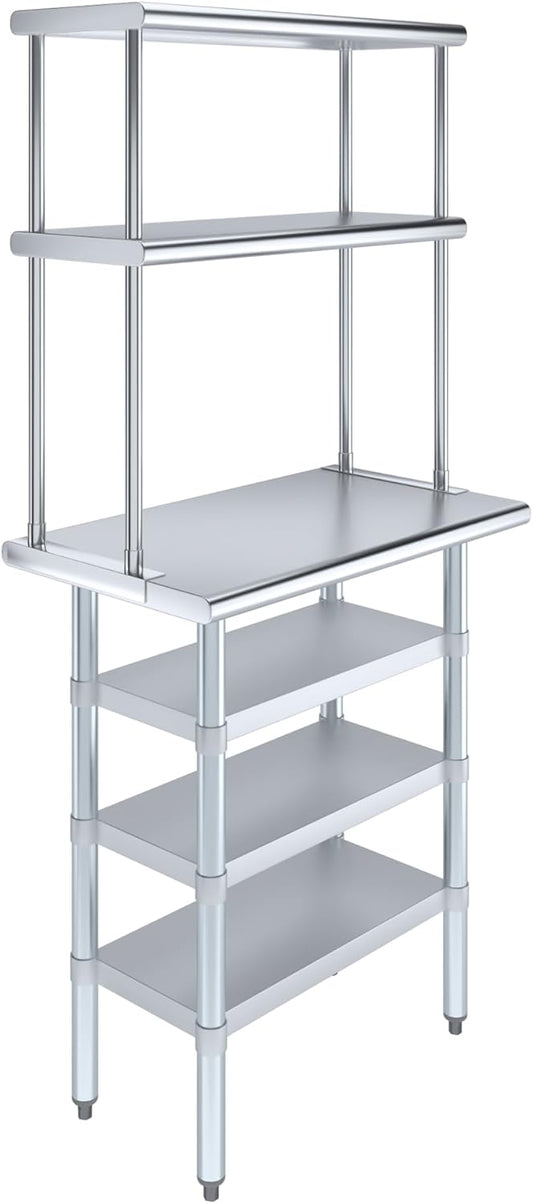 Amgood 18" x 30" Stainless Steel Work Table with 3 Shelves and 12" Wide Double Tier Overshelf | Metal Kitchen Prep Table & Shelving Combo | NSF