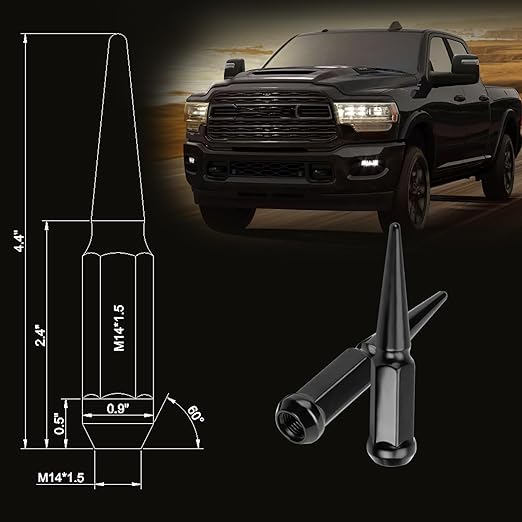 24PCS 14x1.5 Wheel Spike Lug Nuts, Black Spike Lug Nuts M14x1.5 Solid 4.4" Tall Acorn Lug Nut with 1 Socket Key Replacement for Ram 1500 2500 3500, F-150 F-250 F-350, Grand Cherokee