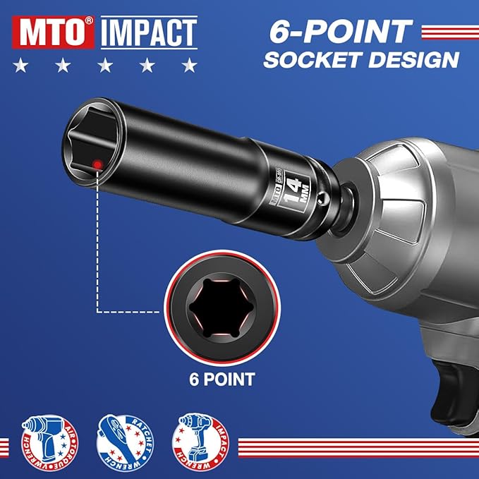 MTO 1/2" Drive 14mm Deep Impact Socket, 6 Pt. Metric Socket, CR-MO Steel & Anti-Corrosion Coating for Heavy-Duty Use