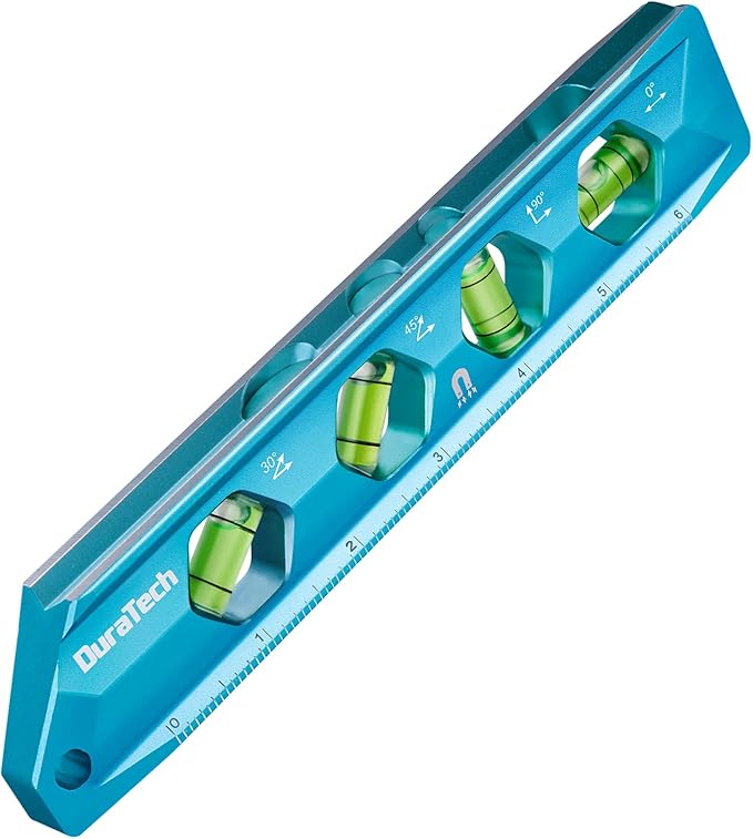 DURATECH 8-Inch Level, Magnetic Torpedo Level with 0°/30°/45°/90° Bubbles, V-Groove, Large Viewing Window, Aluminum Alloy Body, Hanging Hole, SAE and Metric Scale for DIY Projects and Household Use