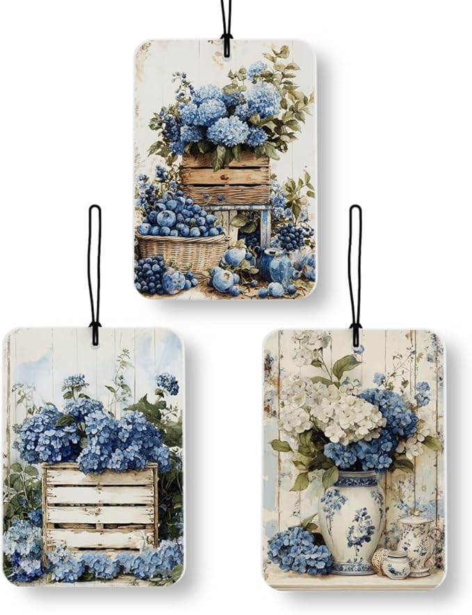 Retro Blue Hydrangea Floral Car Air Freshener 3 Pcs, Rustic Cottagecore Flower Air Freshener Hanging Decor for Cars Closet Drawer Books Accessories Gifts