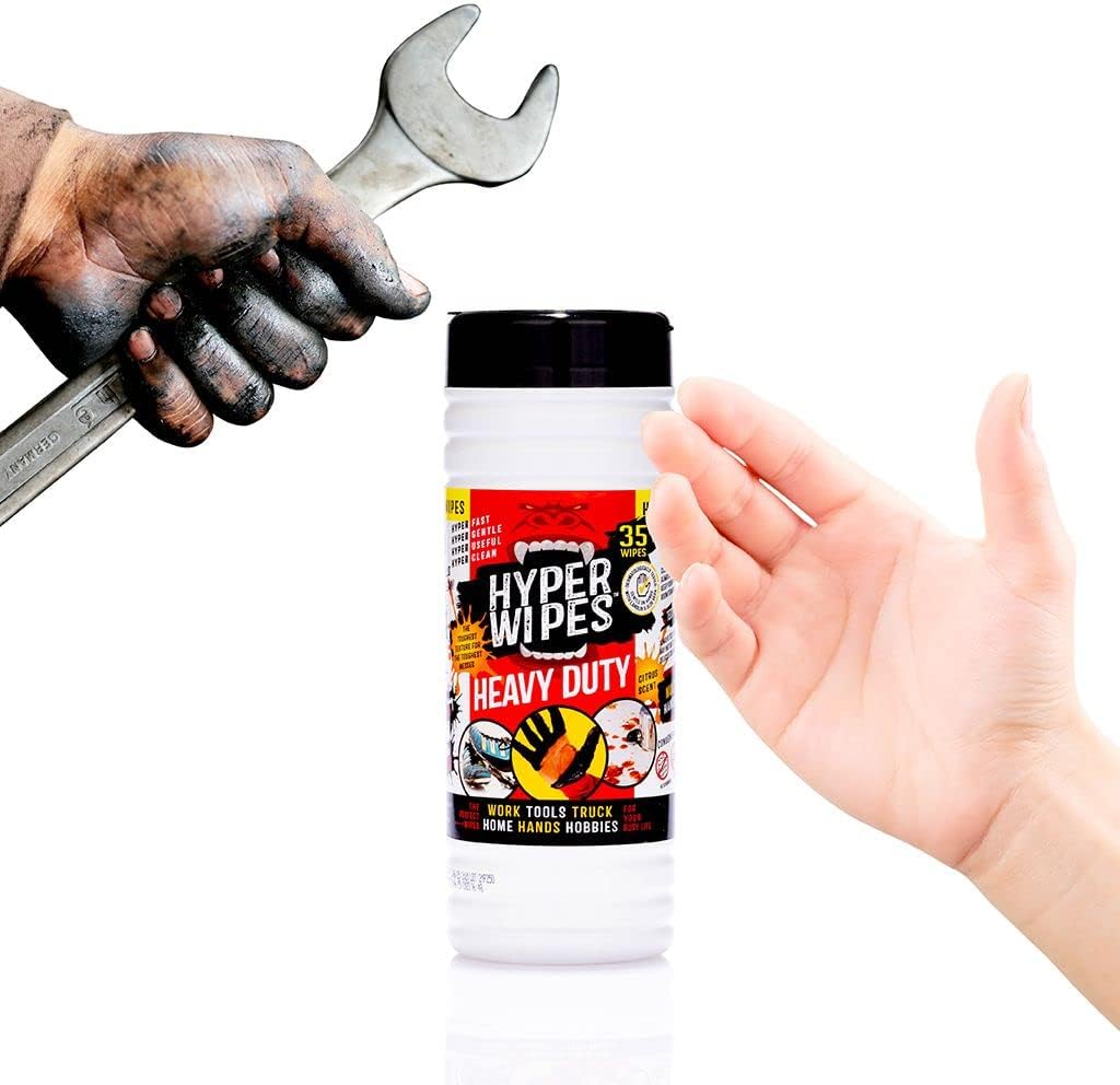 Hyper Wipes, 1 Pack Heavy Duty Hand & Tool Cleaning Wipes, 7"x12" Size Multi-Surface Cleaning Wipes, Degreasing, All Purpose Cleaner, Bathroom, Mechanic, Work Surface Wipes, 35 Count Canister
