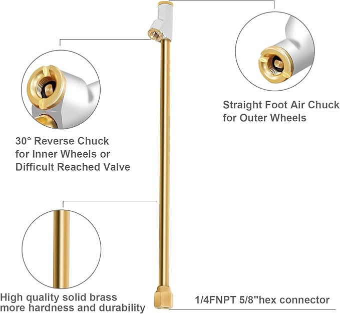 GODESON Air Chuck for Semi Truck, 1/4" FNPT 11.8" Extended Reach Dual Head Brass Air Chuck with Brass Quick Plug, 2-Way Connect Air Chuck for Semi, RV Dually Tires