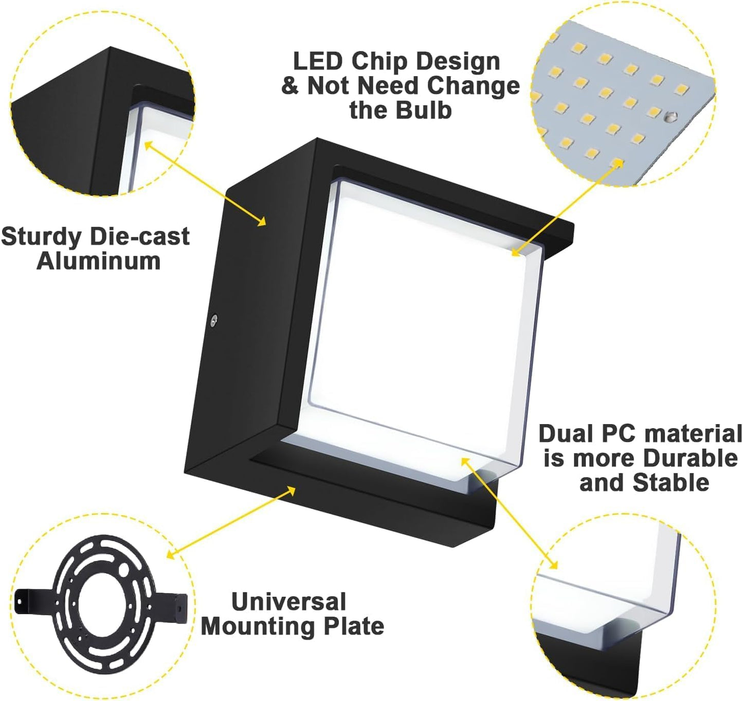 Outdoor Wall Light, 6000K Daylight Small Anti Rust Exterior Wall Lighting Fixtures, Black Square Wall Mount 12W LED Porch Lights for House with Waterproof for Front Porch, Garage, Patio