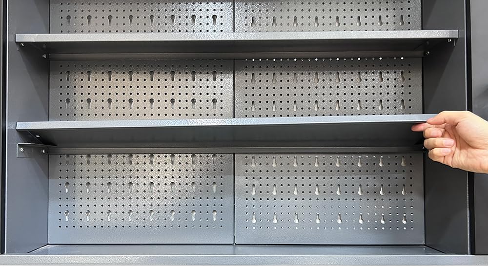 JZD Metal Storage Organization System, Wall Mount Tool Cabinets, Wood Tabletop, for Garage Basement