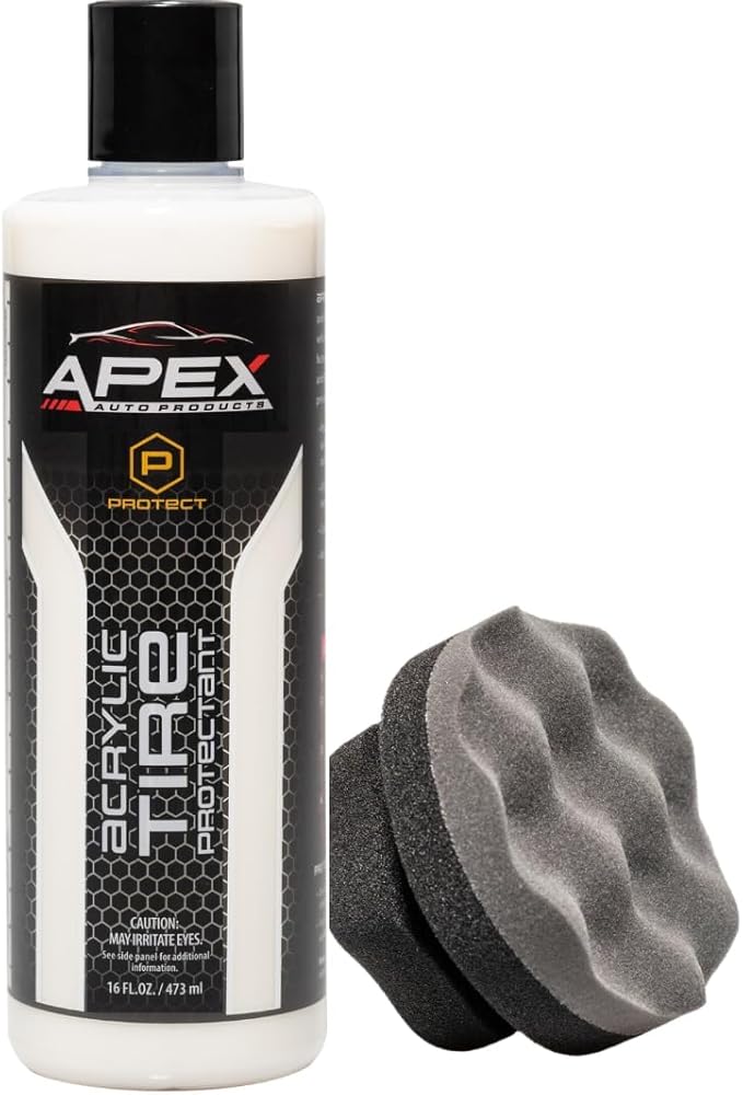 Apex Acrylic Tire Shine and Tire Shine Applicator - 16 oz Semi-Permanent - 6+ Months Durability - Easy to Apply - Fast Drying Car Tire Shine - No Sling - Glossy - Extreme Tire Dressing - Made in USA