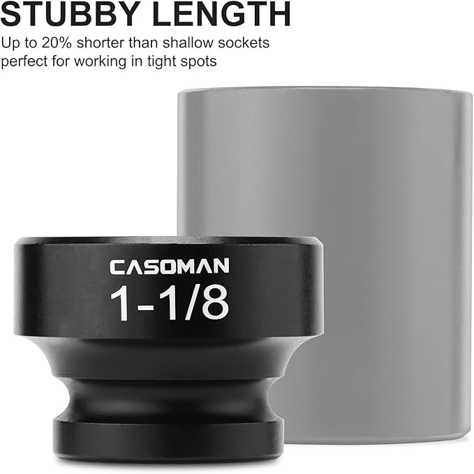 CASOMAN 1/2" Drive 1-1/8" Stubby Impact Socket Set, 6-Point, 1.1" Length, CR-MO, SAE