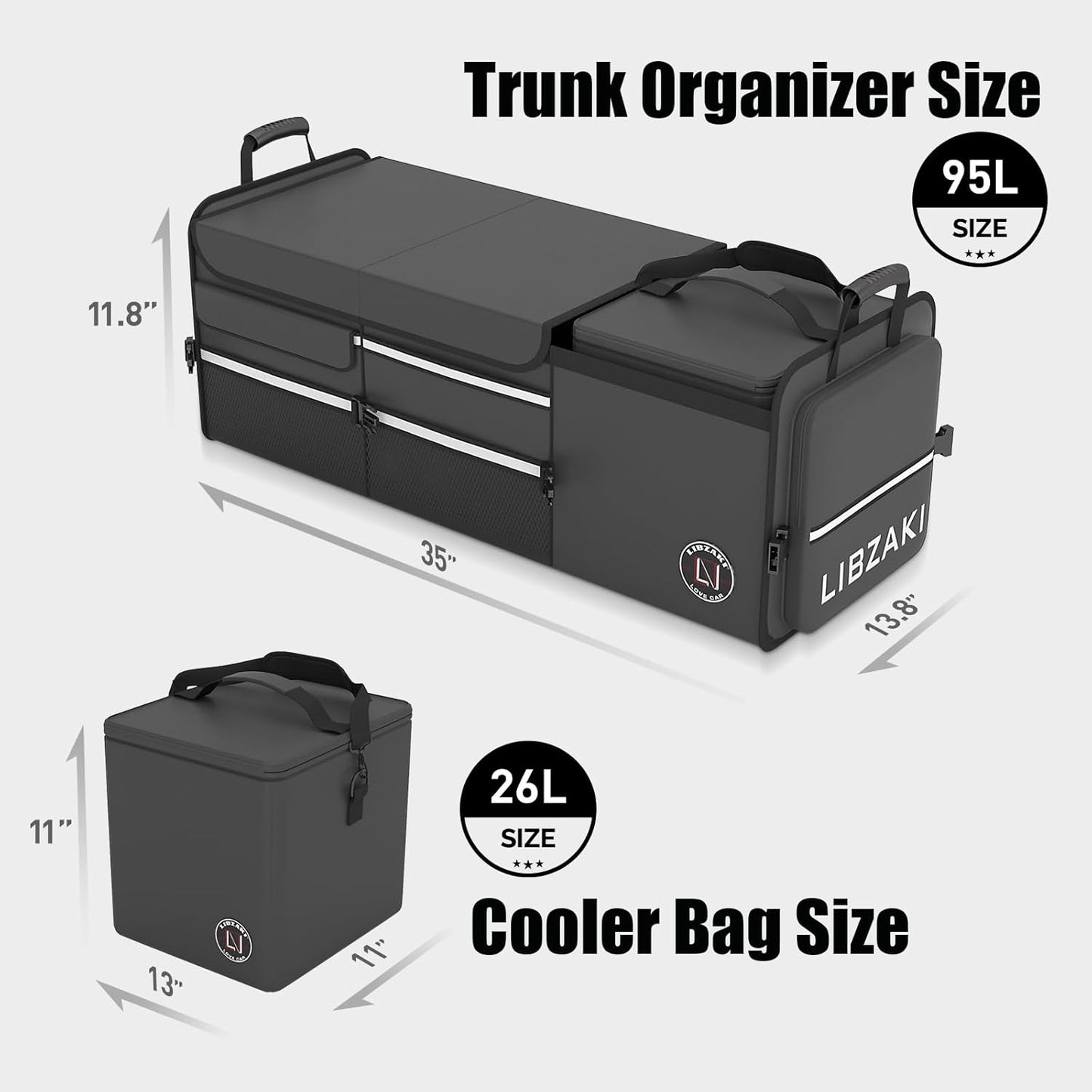 LIBZAKI Oversize 4 in 1 Car Trunk Storage Organizer, Multi Compartment Collapsible Trunk Storage Box with Cooler Bag for Car Truck SUV-Black