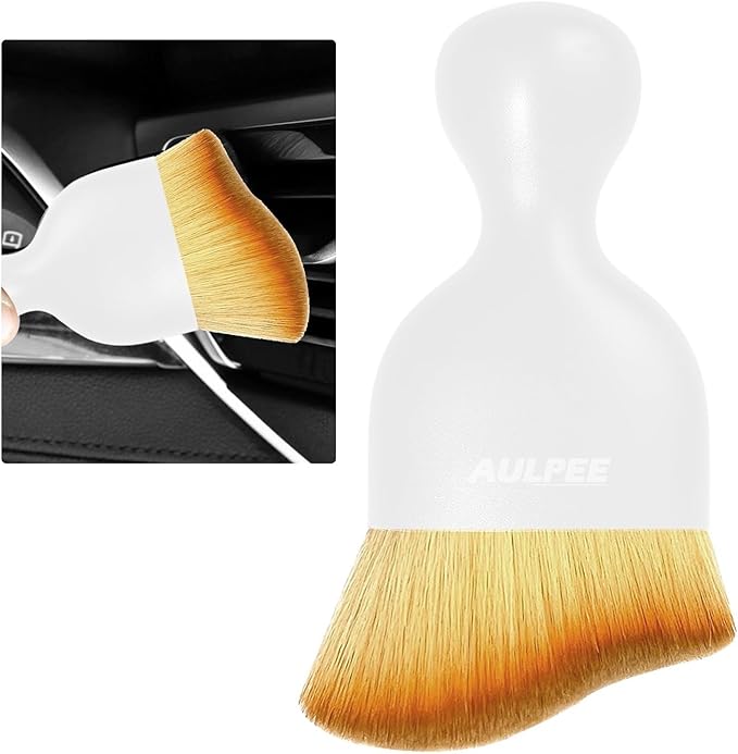 Alupee Car Detailing Brush, Curved Soft Bristles Auto Removal Dust Collectors, Universal Vehicle Dashboard, Air Conditioner Vents etc RV Interior Cleaning Tool Accessories (White-Yellow)