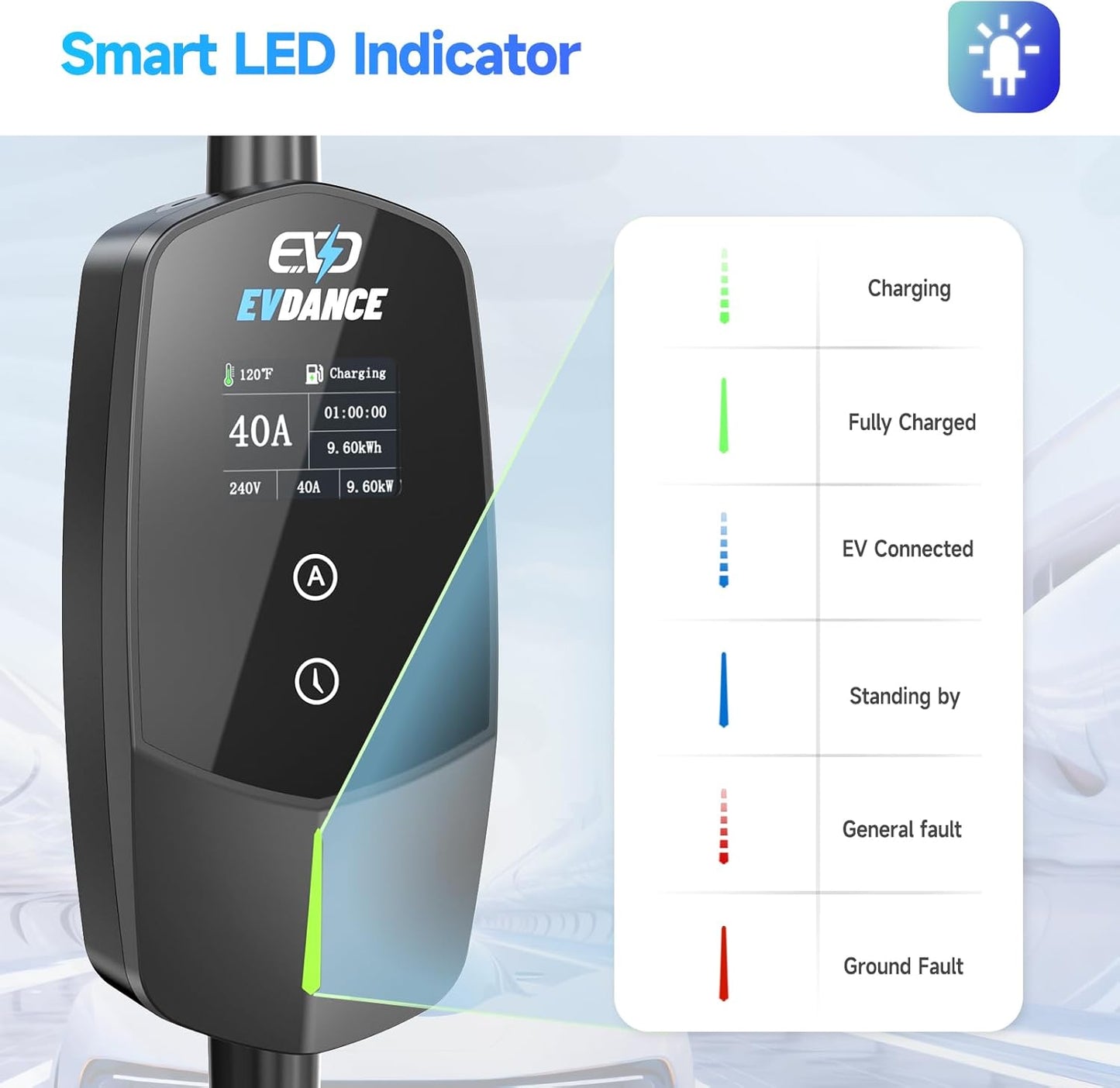 Level 2 EV Charger 40Amp, 240V 9.6KW Portable Electric Vehicle Charging Stations with NEMA 14-50P, 25FT Cable Adjustable Current/Timing Delay Home Electric Car Charger for J1772 BEVs/PHEVs