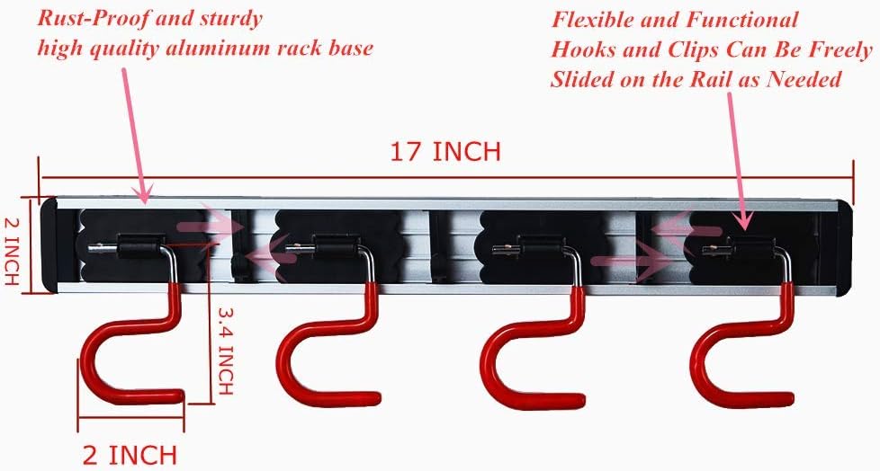 QBOSO Wall Mounted Mop and Broom Holder Stainless Steel S Type Broom Rack Anti-Slip Mop Organizer (17 Inches,4 Positions 3 Hooks, Red black)