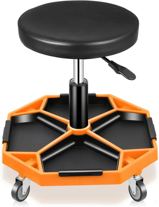 Auto Dynasty Mechanic Stool, Adjustable Rolling Pneumatic Creeper Garage Shop Seat with Tool Tray, 300 LBS Roller Seat for Workshop Auto Repair, Adjustable Height 15.7" to 21", Orange