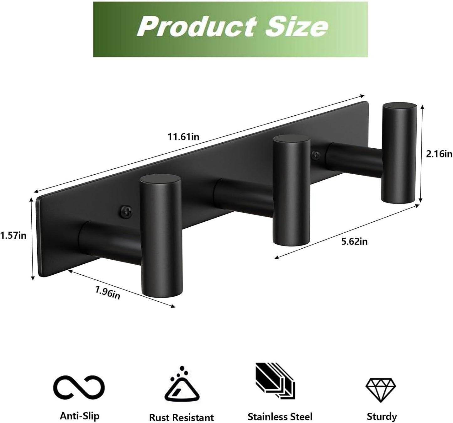 Wall Mounted Coat Rack-3 Hooks, Heavy Duty Stainless Steel Hook Rail for Towel Coat Hat Purse Bag Jacket, Towel Hooks for Entryway Bathroom Kitchen (Black 3 Hooks - 1 Pack)