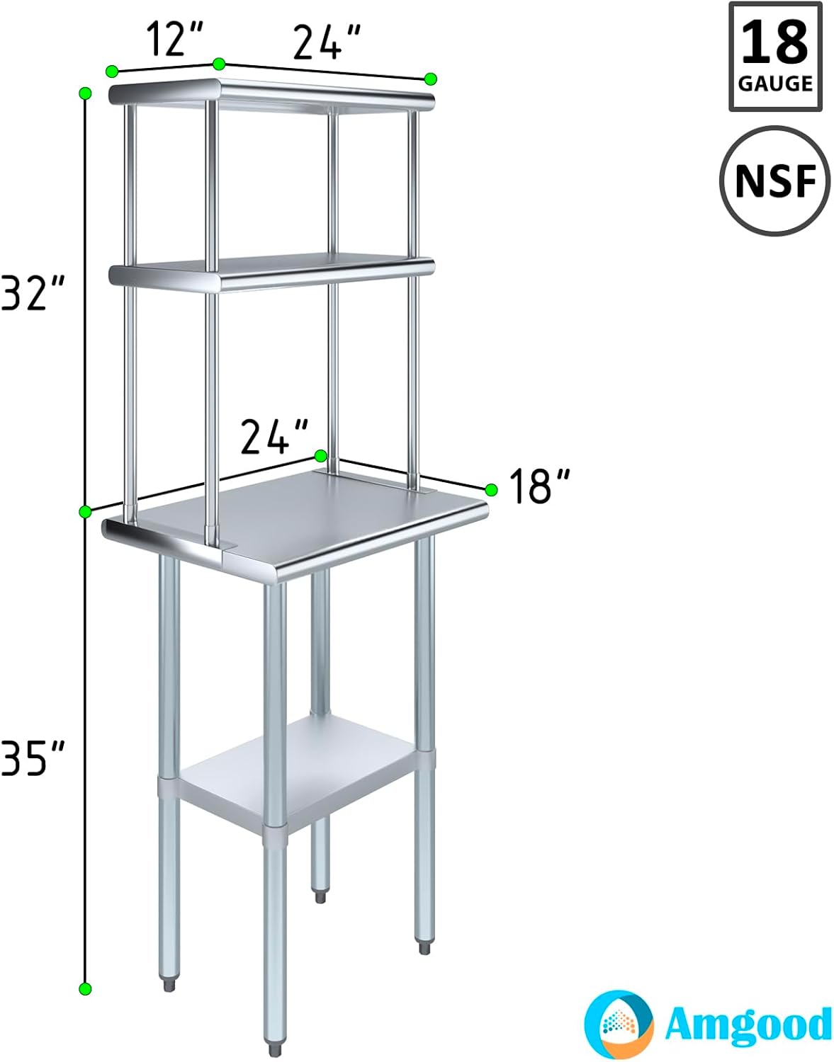 AmGood Stainless Steel Work Table Double Tier Overshelf | (18" x 24" Work Table + 12" Overshelf)