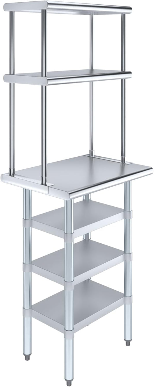 Amgood 18" x 24" Stainless Steel Work Table with 3 Shelves and 12" Wide Double Tier Overshelf | Metal Kitchen Prep Table & Shelving Combo | NSF