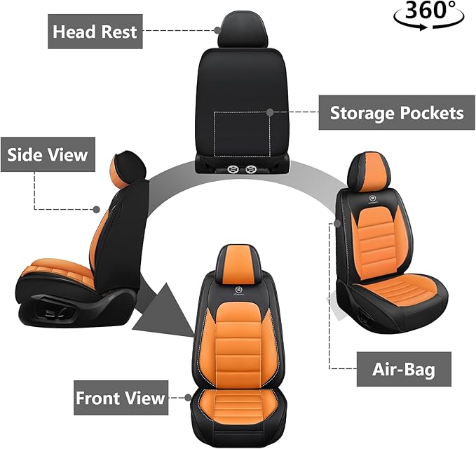 Car Seat Covers for GMC Sierra 1500/2500/3500 Denali SLT AT4 AT4X Base Seat Covers 2008-2025, Waterproof Premium Nappa Leather Seat Protectors(Standard 2 Seats/Black&Orange)