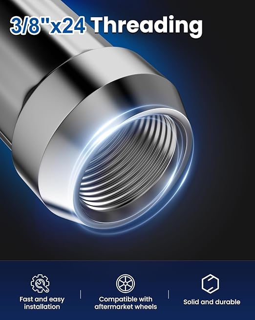 GAsupply 3/8"-24 ATV Lug Nuts Chrome, Closed End Acorn Spline Lug Nut Set 1.37" 35mm Tall Conical/Cone Seat, 16pcs+1 Spline Lock Key