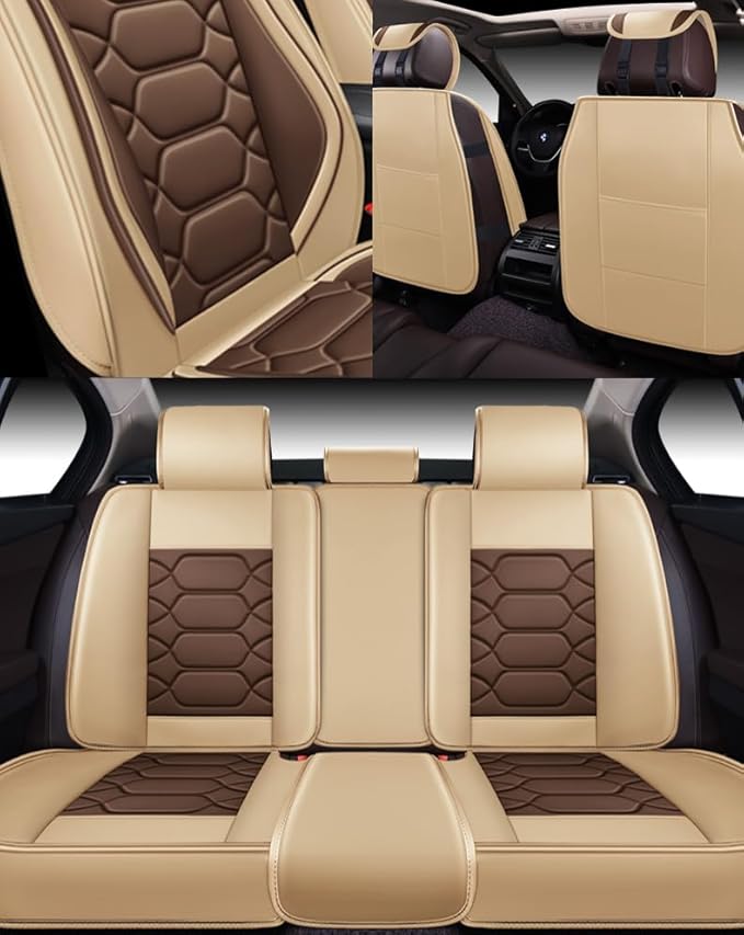 OASIS AUTO Car Seat Covers Full Set, Waterproof Faux Leather Seat Covers for Cars Universal Fit for SUV, Truck, Sedan, Black Premium Car Seat Protector with Front & Back Cushions (OS-004 Coffee)
