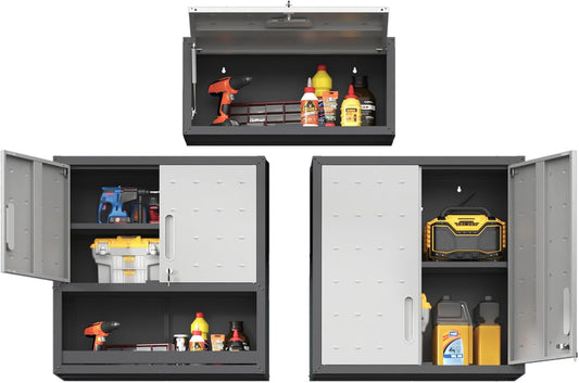 Metal Tool Cabinet,Garage Storage Cabinet System,Wall Cabinet & Locking Rolling Tool Cabinet with Doors and Adjustable Shelves,Steel Tool Cabinets for Home,Office (3 Pcs-StyleA, Black & Grey)