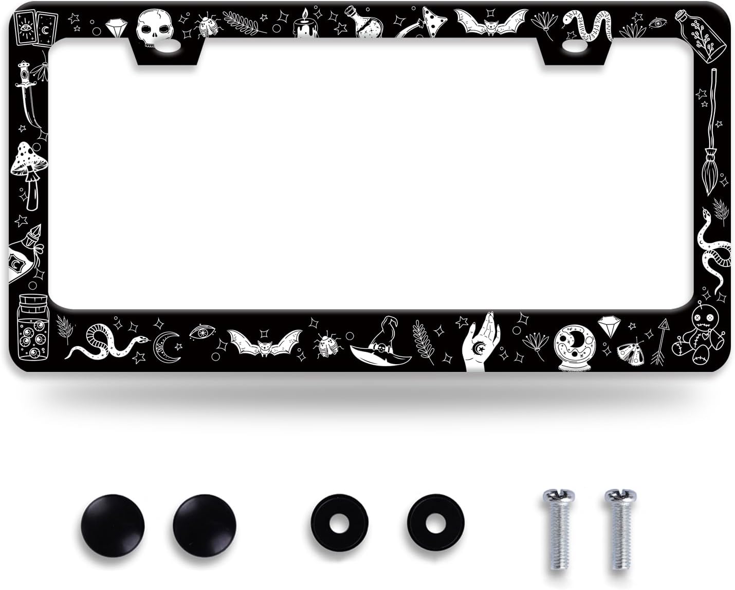 Witch License Plate Frame Gothic Magical License Plate Frames for Car Decorative Parts Stainless Stee License Plate for Standard Us Canada Funny License Plate Holder 12x6 Inch