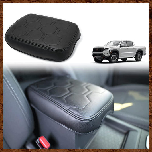 Muslogy for Frontier Center Console Pad Armrest Box Cover Vegan Leather Soft Accessories Armrest Lid Protector Compatible with Nissan Frontier 2022-2024 2025 (Regular Thick, V1 Black Stitching)