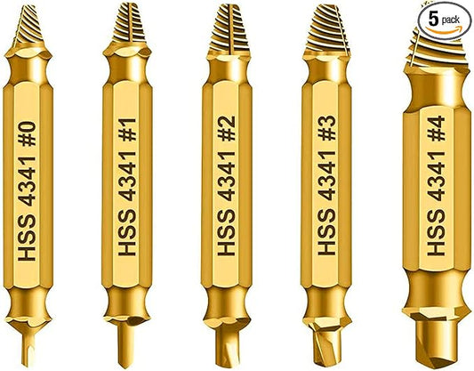HSS 4341 Damaged Screw Extractor Set, 5-Piece Drill Bit Kit for Stripped Screws and Bolts, Gold, 2-14mm Range, High-Speed Steel with Storage Case