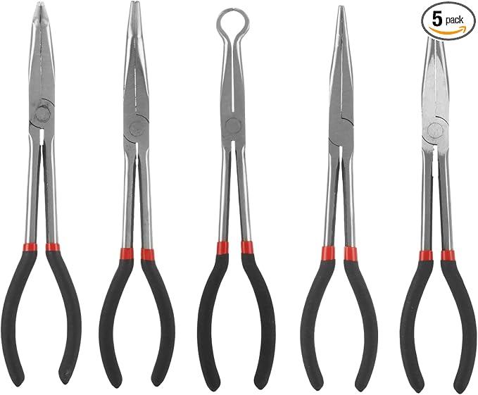 Long Needle Nose Pliers Set, 5 in 1 11 inch Spark Plug Wire Removal Tool - Bent Needle Nose Pliers 90 45 25 Degree - Pointy Nose Pliers - Pinch Nose Pliers for Narrow Spaces and Limited Areas