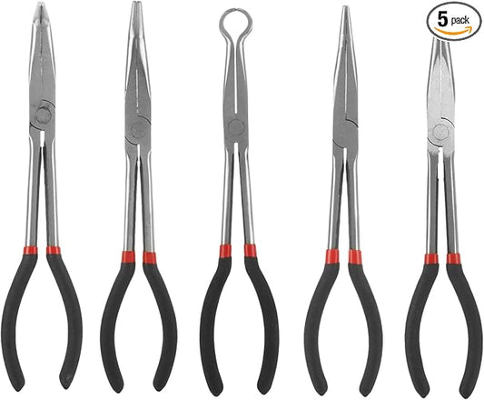 Long Needle Nose Pliers Set, 5 in 1 11 inch Spark Plug Wire Removal Tool - Bent Needle Nose Pliers 90 45 25 Degree - Pointy Nose Pliers - Pinch Nose Pliers for Narrow Spaces and Limited Areas