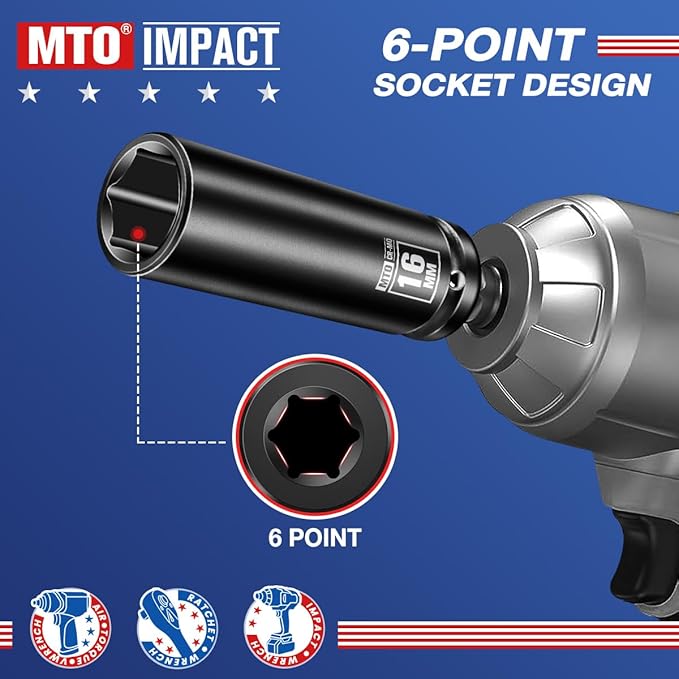 MTO 1/2" Drive 16mm Deep Impact Socket, 6 Pt. Metric Socket, CR-MO Steel & Anti-Corrosion Coating for Heavy-Duty Use
