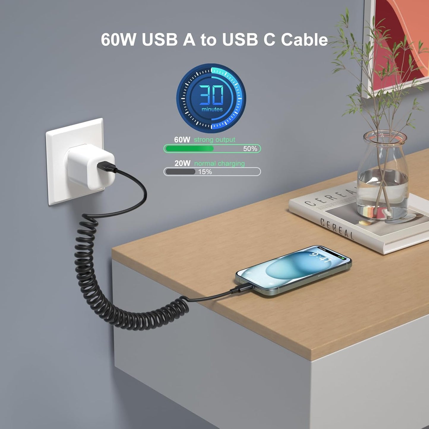 Coiled USB C Cable for Carplay 3ft, Retractable USB A to USB Type C Fast Charging Cord 60W 3A for iPhone 16 15 Pro Max Plus