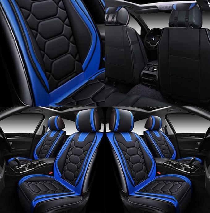 OASIS AUTO Car Seat Covers Front Seats, Waterproof Faux Leather Seat Covers for Cars Universal Fit for SUV, Truck, Sedan, Black Premium Car Seat Protector with Cushions (OS-004 Black&Blue)