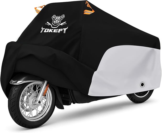Motorcycle Cover, All-Weather Universal Motorcycle Outdoor Waterproof Cover with Locking Holes & Reflective Strips for 104″ Yamaha Kawasaki Motorbike Accessories(Black&Silver)