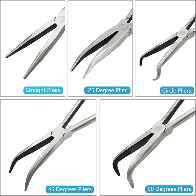 5 Pack 11" Precision Long Nose Pliers Set with Insulated Comfort Grip Handles,Straight Long Needle Nose Pliers, 25/45/90° Curved & Circle for Wire Shaping/Trimming