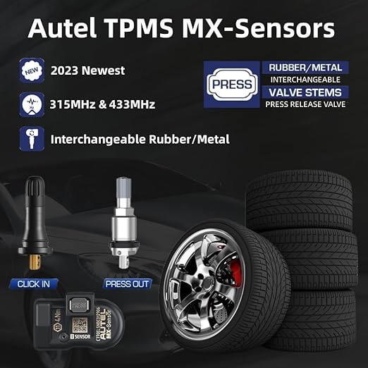 Autel TPMS Sensors 2in1 MX-Sensor 315Mhz/433Mhz Tire Pressure Sensor, Press-in OE-Level Programmable & Cloneable Wireless TPMS Sensors for All Vehicles, Program by Autel TPMS Tool (Rubber Stem 4pcs)﻿