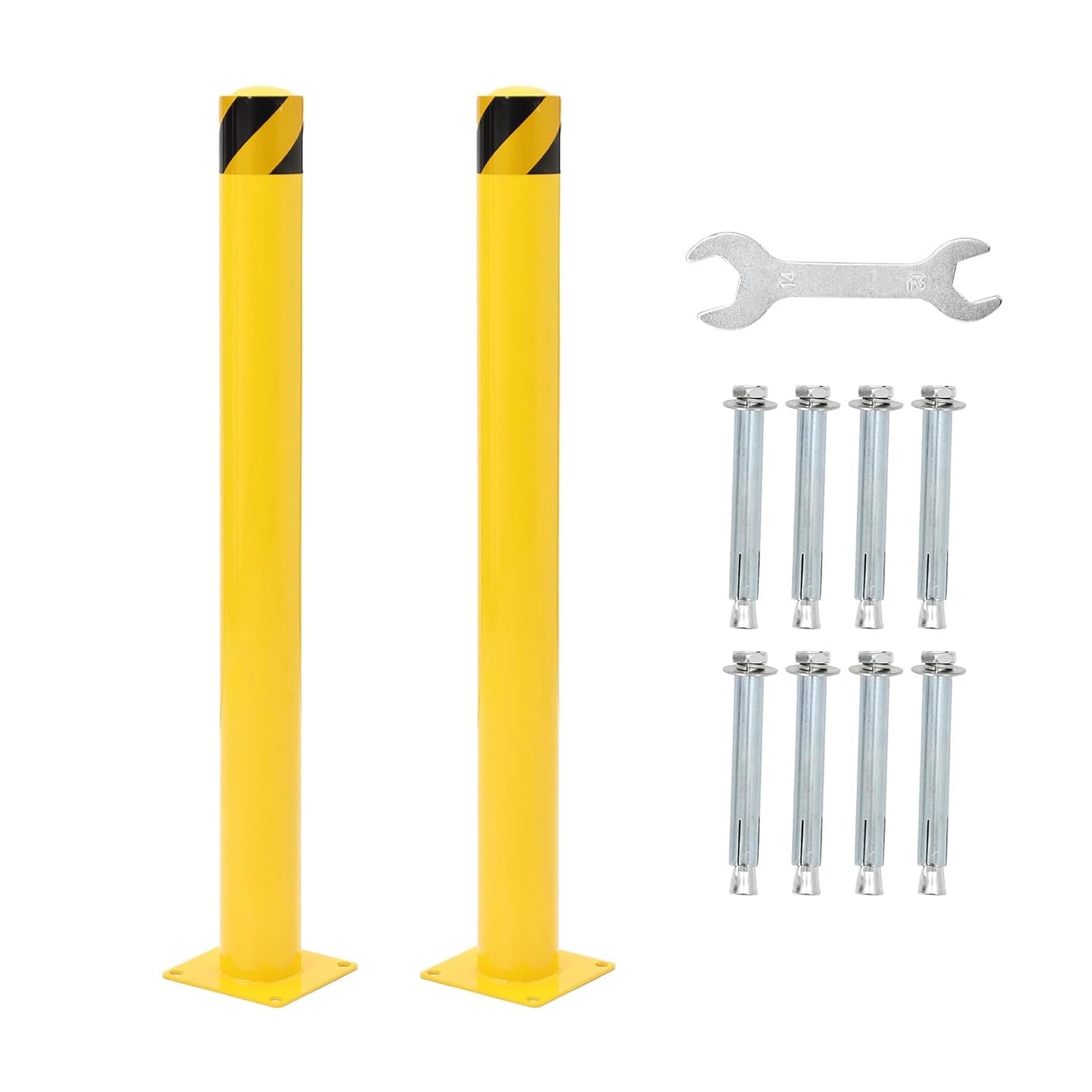 Safety Bollard 2 Packs, 42 Inch Height Steel Bollard Post for Parking Lot, 4.5 Inch Diameter Pipe, Yellow Safety Bollard Post with 8 Anchor Bolts, Ideal for Traffic-Sensitive Areas, Driveway Barrier