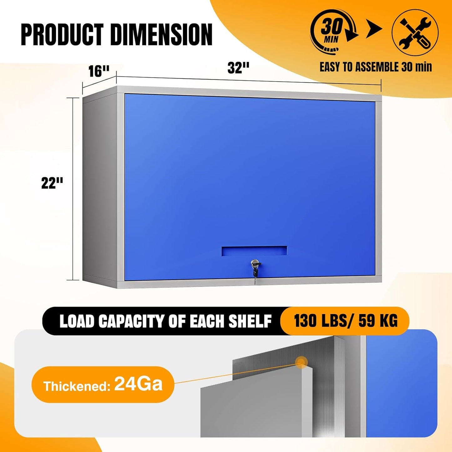 Metal Wall-Mounted Storage Cabinet Tool Chest - 22" H Steel Garage Cabinet With Lockable Door - Utility Trailer Rack Assembly Required