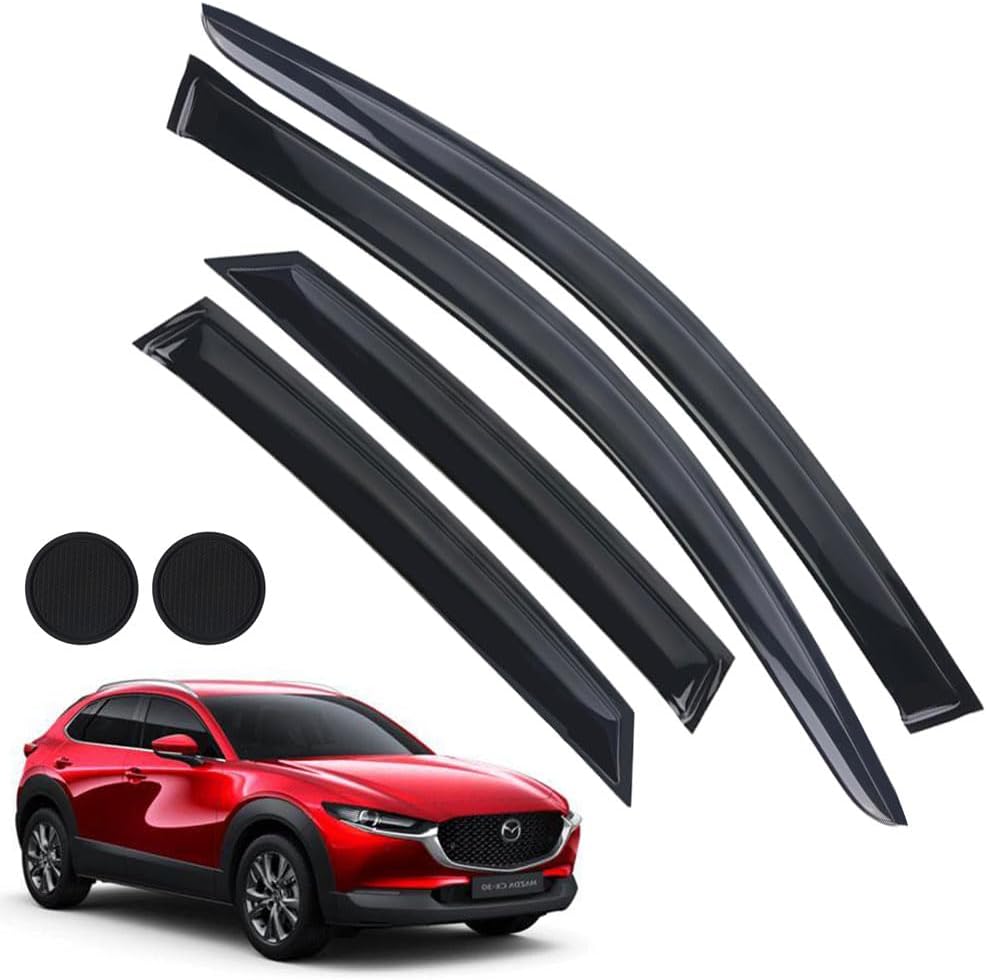 Rain Guards for Mazda CX-30 2020-2023, Tape-on Side Window Deflectors for Mazda CX-30, Window Visors for Mazda Cars, for Mazda Car Accessories 4 Rain Guards ＆ 2 Car Coasters