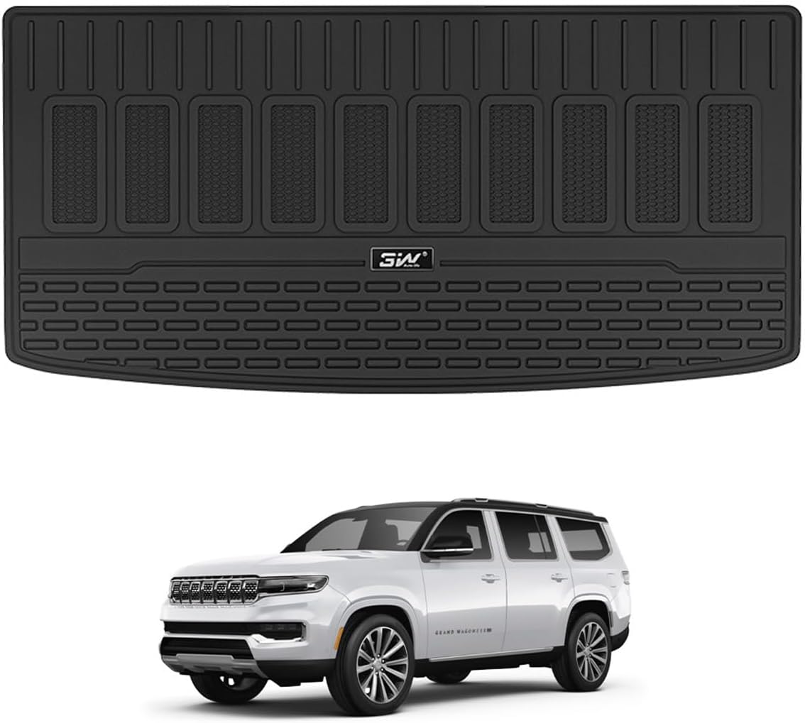 3W Cargo Liner Compatible with Jeep Grand Wagoneer(Non L) 2022-2024 2025 7 Passenger Model All Weather Custom Fit Black Trunk Mat Set