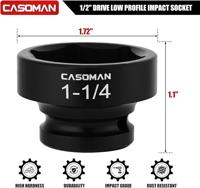 CASOMAN 1/2" Drive 1-1/4" Stubby Impact Socket Set, 6-Point, 1.1" Length, CR-MO, SAE