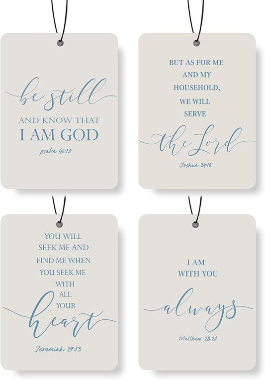 Christian Scripture Car Air Freshener 4Pcs, Inspirational Bible Quotes Hanging Scents, Gray BLUE Bible Quote Gift Air Freshener Hanging in Car Wardrobe Drawer or Book.