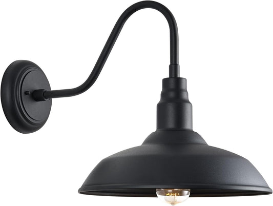 14in Outdoor Gooseneck Light Fixture for Porch, Large Exterior Barn Light with Wall Mount, Black Industrial Lighting Fixture for Farmhouse Garage Patio