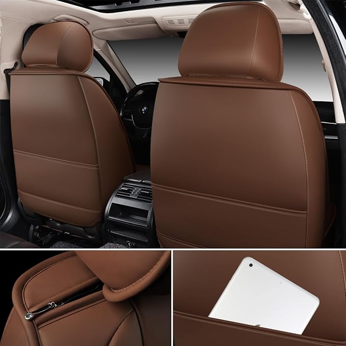 OASIS AUTO Car Seat Covers Full Set Premium Waterproof Faux Leather Cushion Universal Accessories Fit SUV Truck Sedan Automotive Vehicle Auto Interior Protector (OS010-Brown)