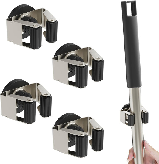 4 Pack Magnetic Mop Broom Holder, Heavy Duty Magnetic Mop Hanger for Refrigerators, Magnetic Mount Mop Broom Holder for Laundry Room Garage Kitchen Workshops Metal Shed