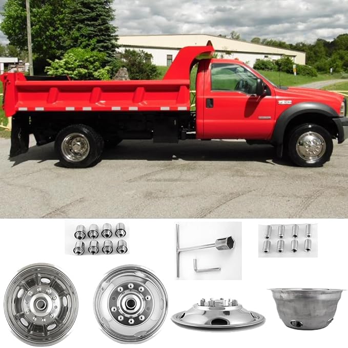 4pc 19.5" Polished Stainless Steel Dually Wheel Simulators,Nice Looking and Durable Bolt On Wheel Cover, 10 Lug 5 Hand Hole Hubcaps Fit for 2005-2021 Ford F450/F550 with Installation Tool 9F10